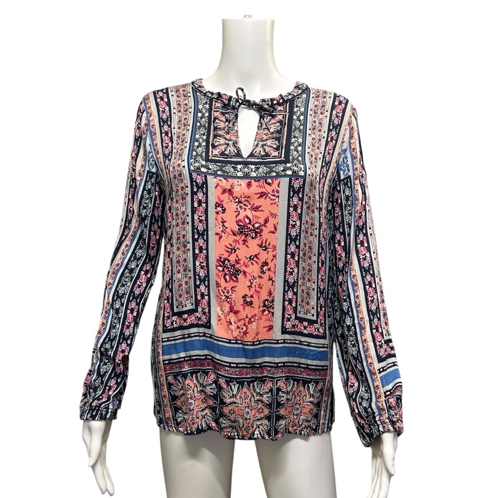 Tribal Pink Blue Floral Bohemian Blouse Top Size S